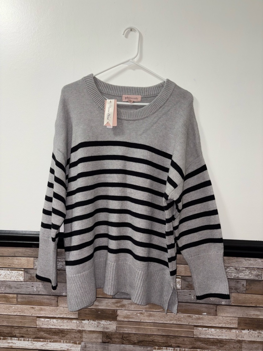 Philosophy Light Gray and Black Striped Crewneck Sweater NWT Size 1X